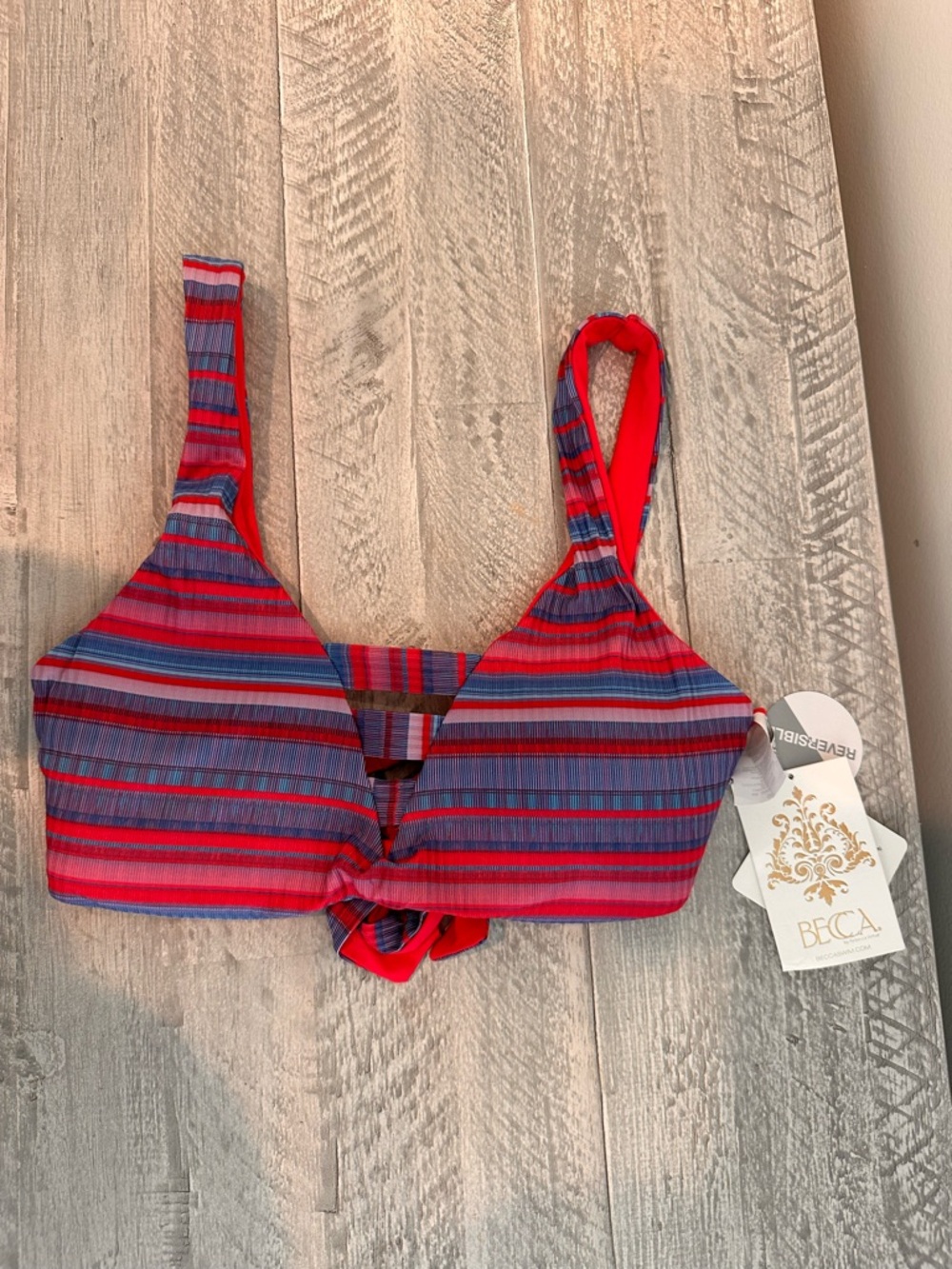 NWT BECCA Red Striped Bikini Top